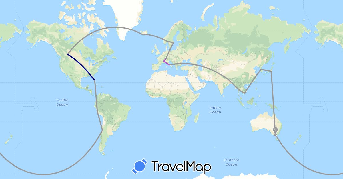 TravelMap itinerary: driving, plane, train in Australia, Canada, Switzerland, Chile, France, Iceland, Italy, Japan, South Korea, Norway, Nepal, Peru, Sweden, Thailand, United States, Vietnam (Asia, Europe, North America, Oceania, South America)